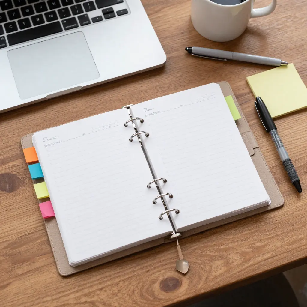 Personal organization workspace with planner and productivity tools